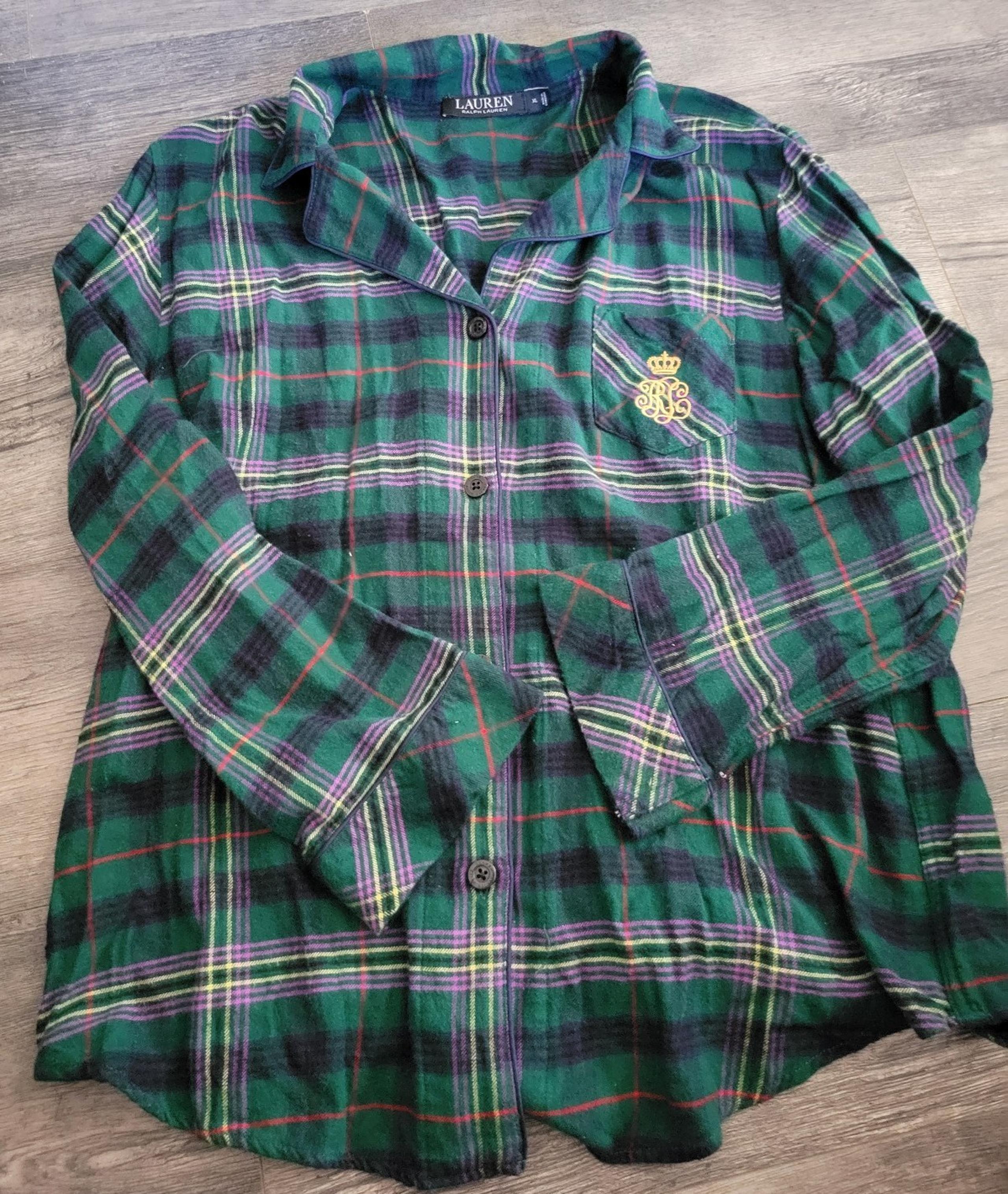 LRL Ralph Lauren Pajama Shirt Top Women’s Size XL Green Plaid Long Sleeve