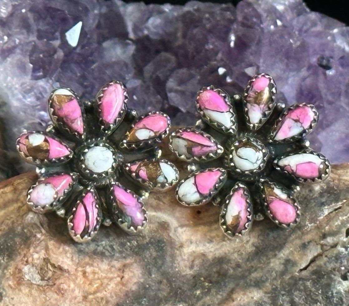 Cotton Candy Dahlia Flower Cluster Sterling Silver Earrings