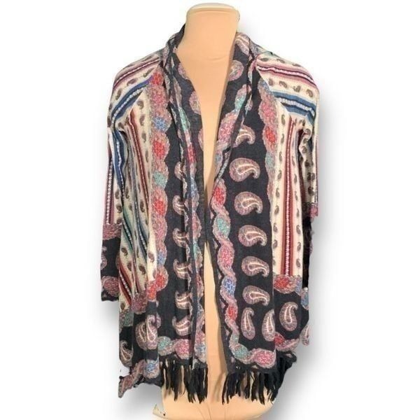 Anthropologie Guinevere Cardigan Sweater Bright Pattern Wool Open Front Fringe