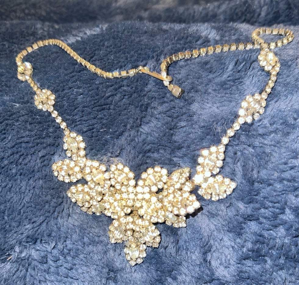 Vintage Rhinestone Leaf Flower Gold Tone Necklace KJL ?