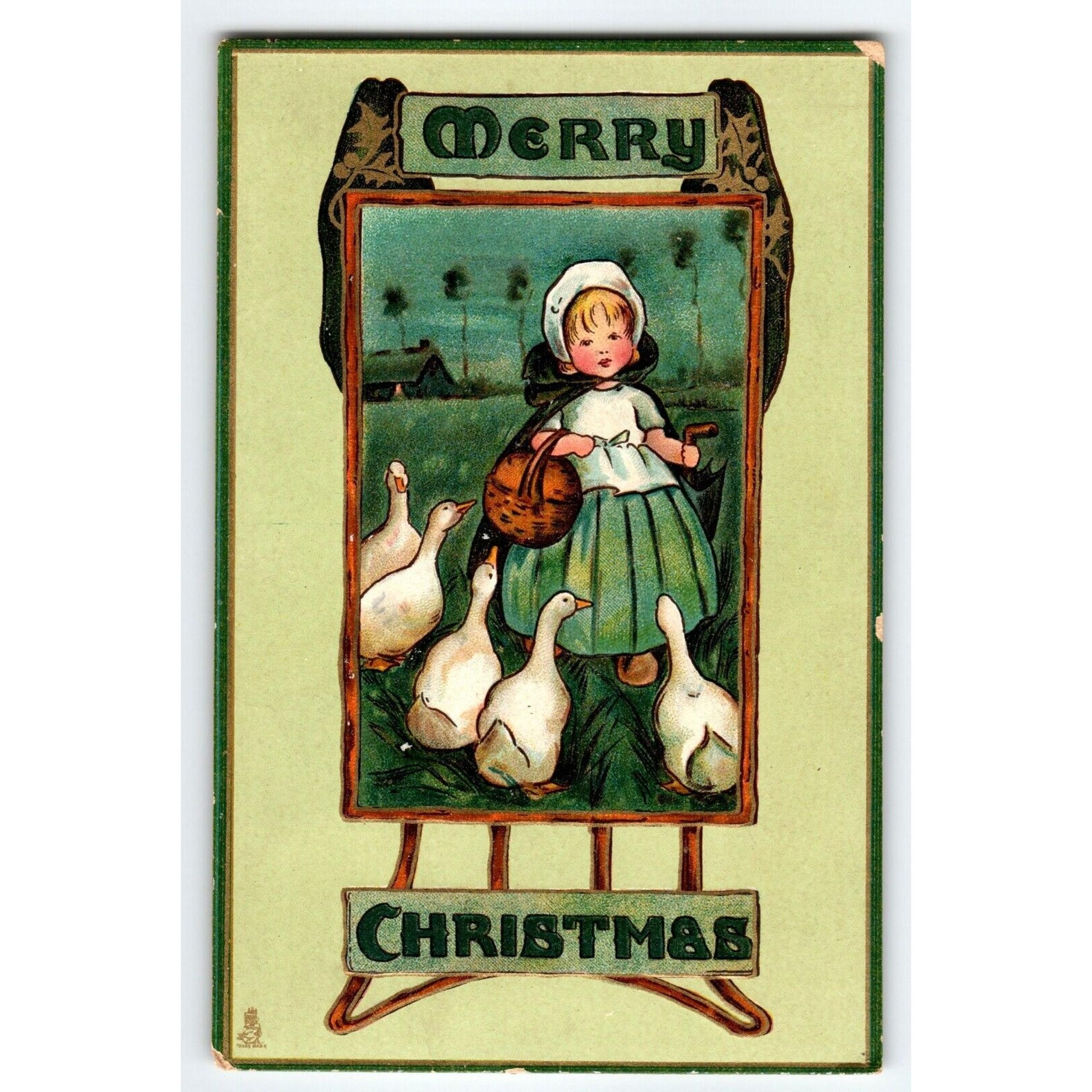 Christmas Postcard Dutch Girl Geese Wood Shoes Muff Ivy M. James Series 522 Tuck