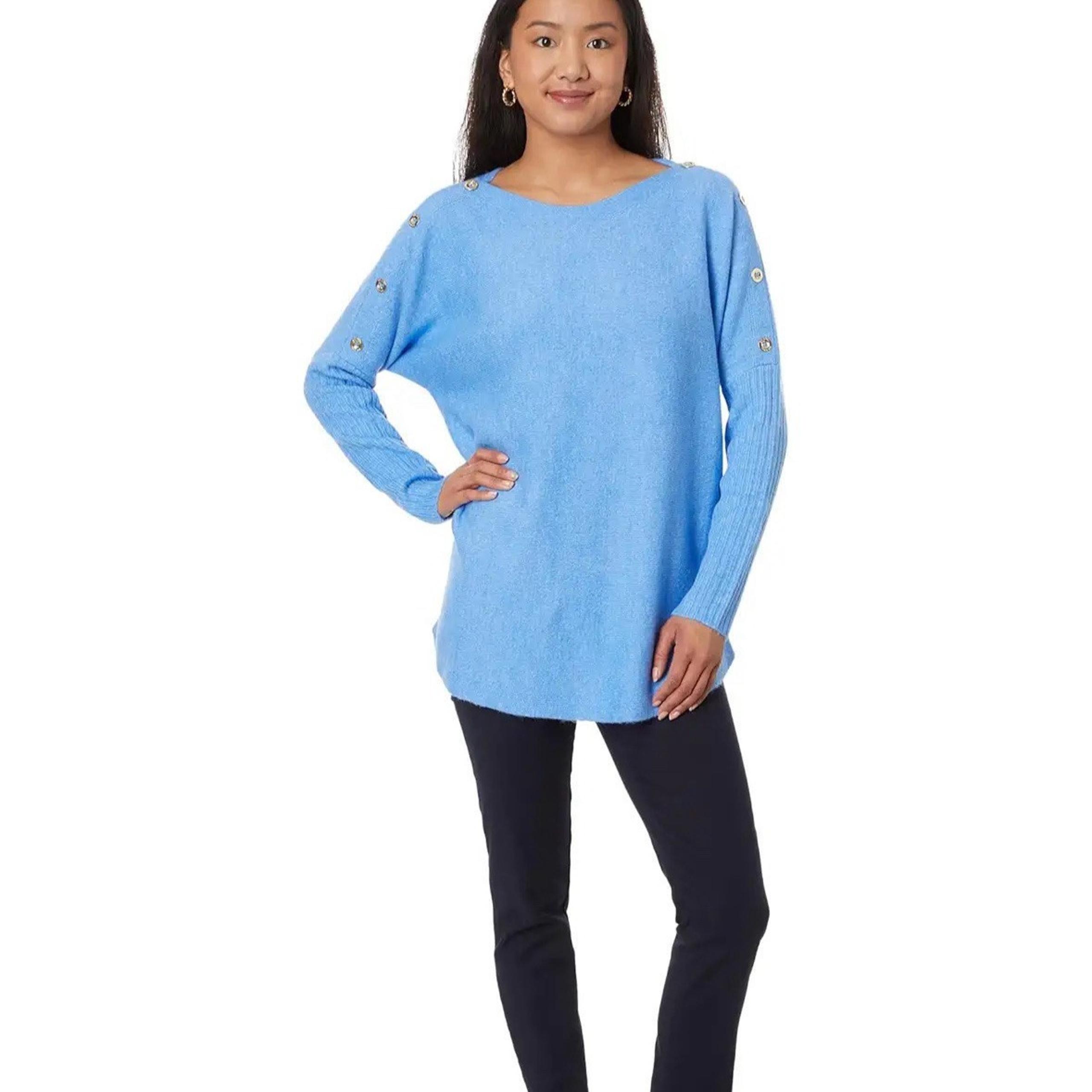 Lilly Pulitzer Arna Pullover Tunic Sweater Women's L Abaco Blue Gold Buttons