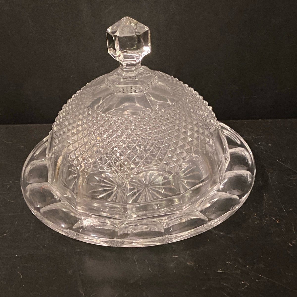VTG Anchor Hocking Round Butter/Cheese Glass Domed Dish Diamond Prescut
