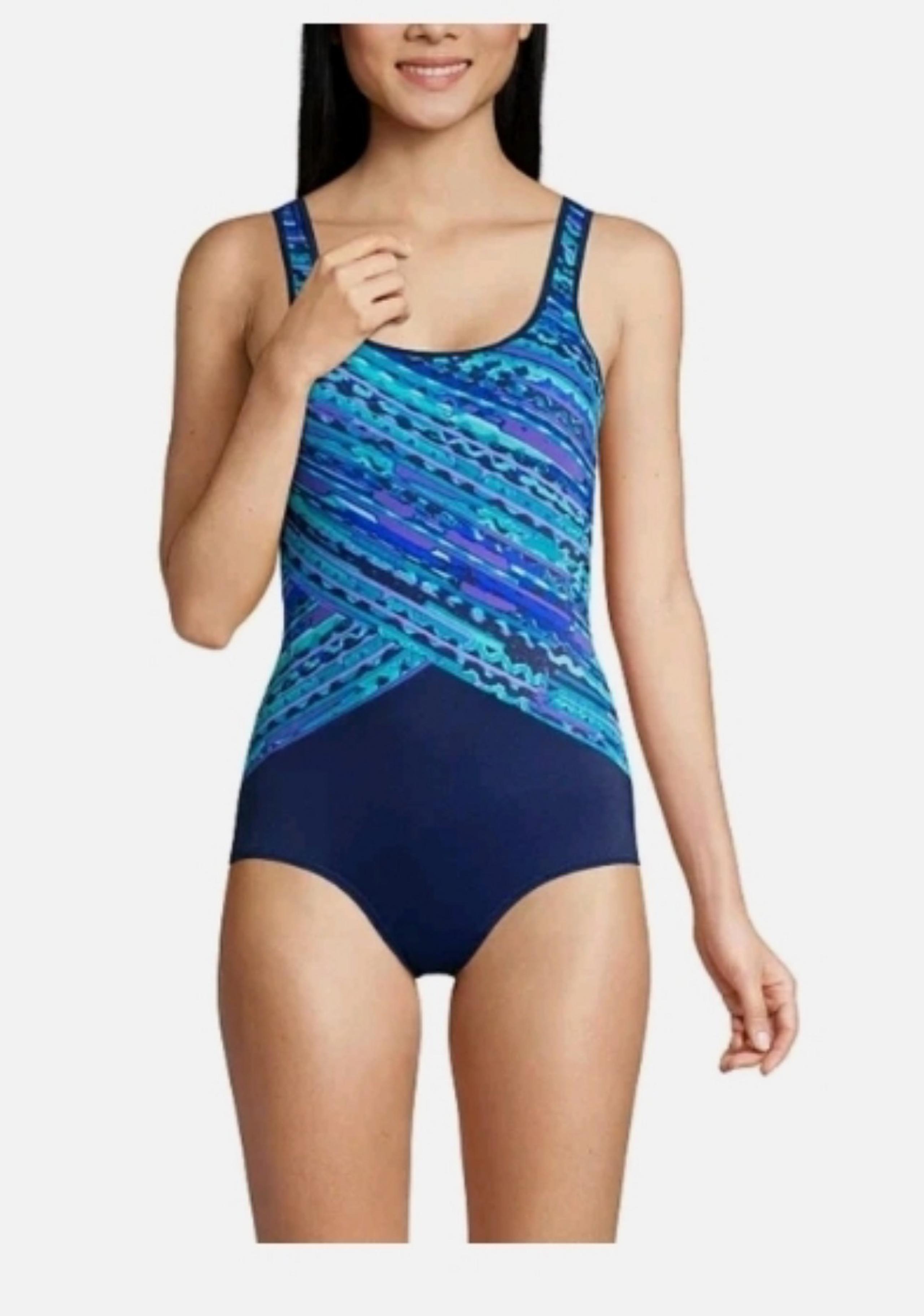 Lands End Women Swimsuit Sz M Blue Tugless Tummy Control Sporty One-Piece Beachy