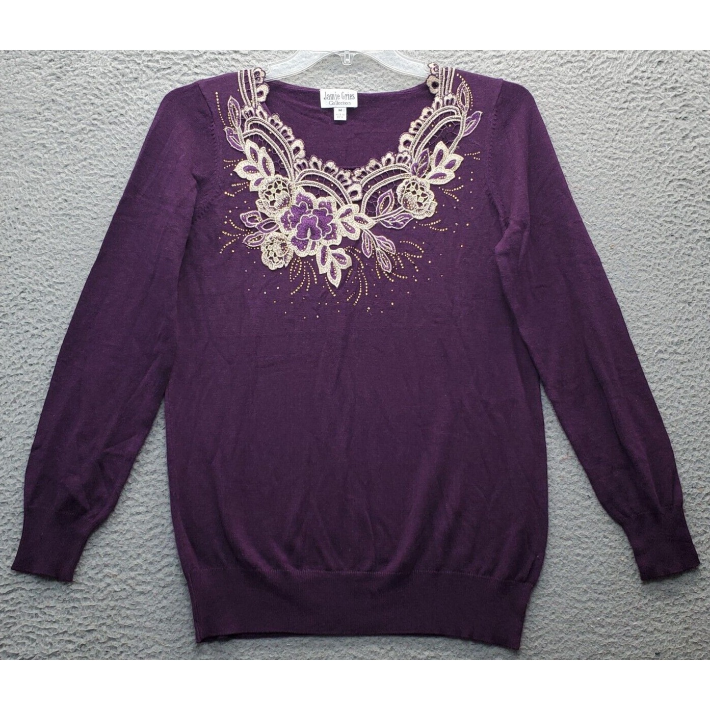 Jamie Gries Sweater Women's M Purple Knit Beaded Embroidered Lace Trim Pullover