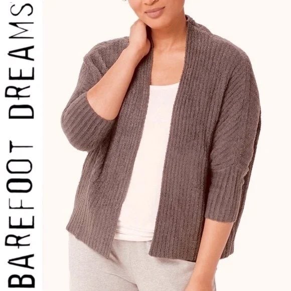BAREFOOT DREAMS Cozychic Lite Knit Open Cardigan Sweater Size S/M Brown Ribbed