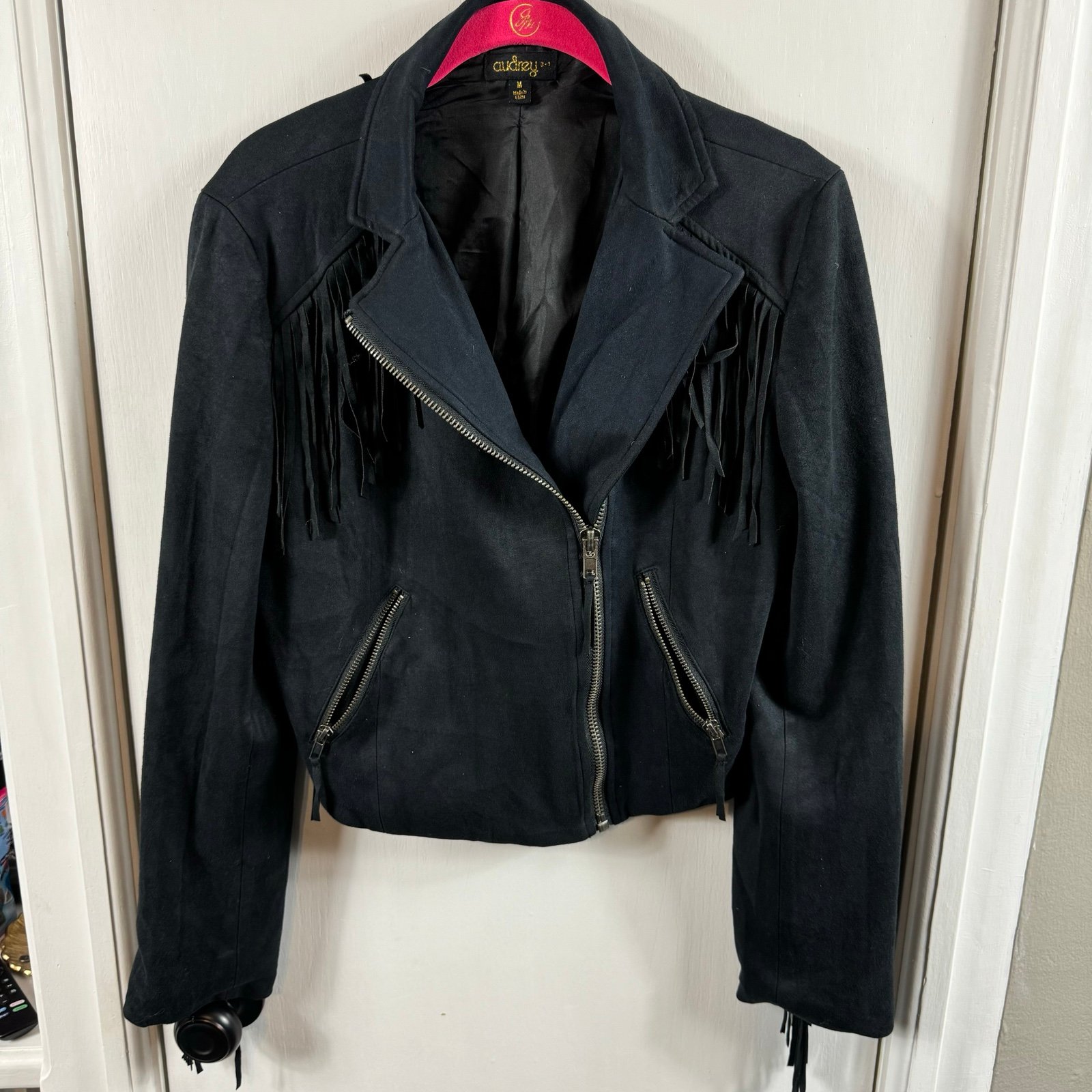 Audrey 3+1 black faux suede fringe embellished moto jacket. Sz M