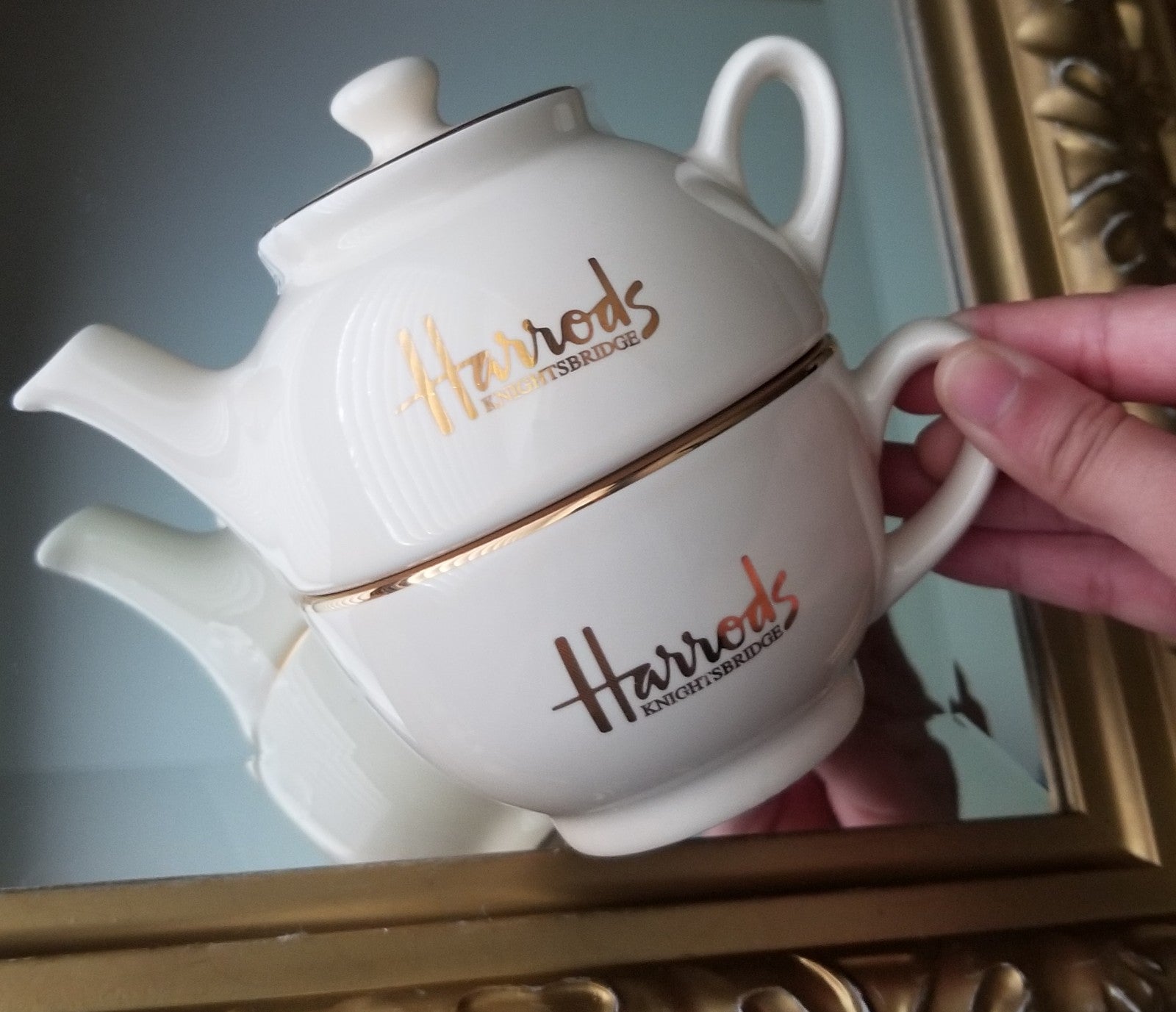 Harrods London Vintage 2 in 1 Single Cup Teapot and Teacup Ivory and Gold