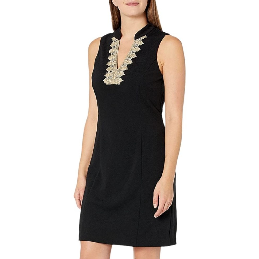CAPPAGALLO Fiona Gold Metallic Trim Black Sleeveless V Neck Dress 6 Small NWT