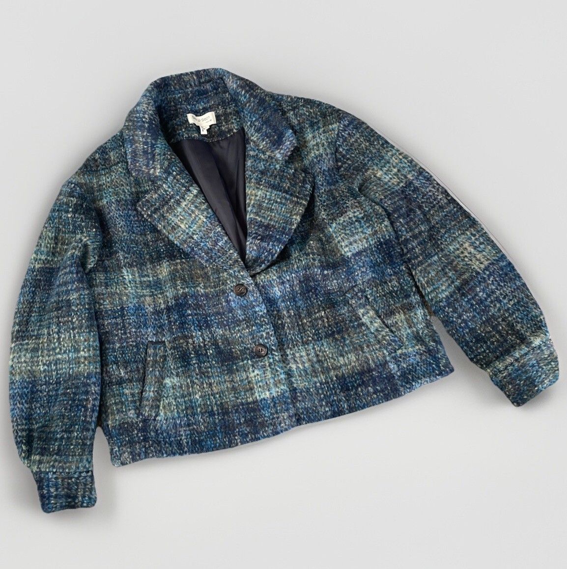 Anthropologie See You Soon women’s Coat Jacket Large Blue Plaid Wool 2 Button