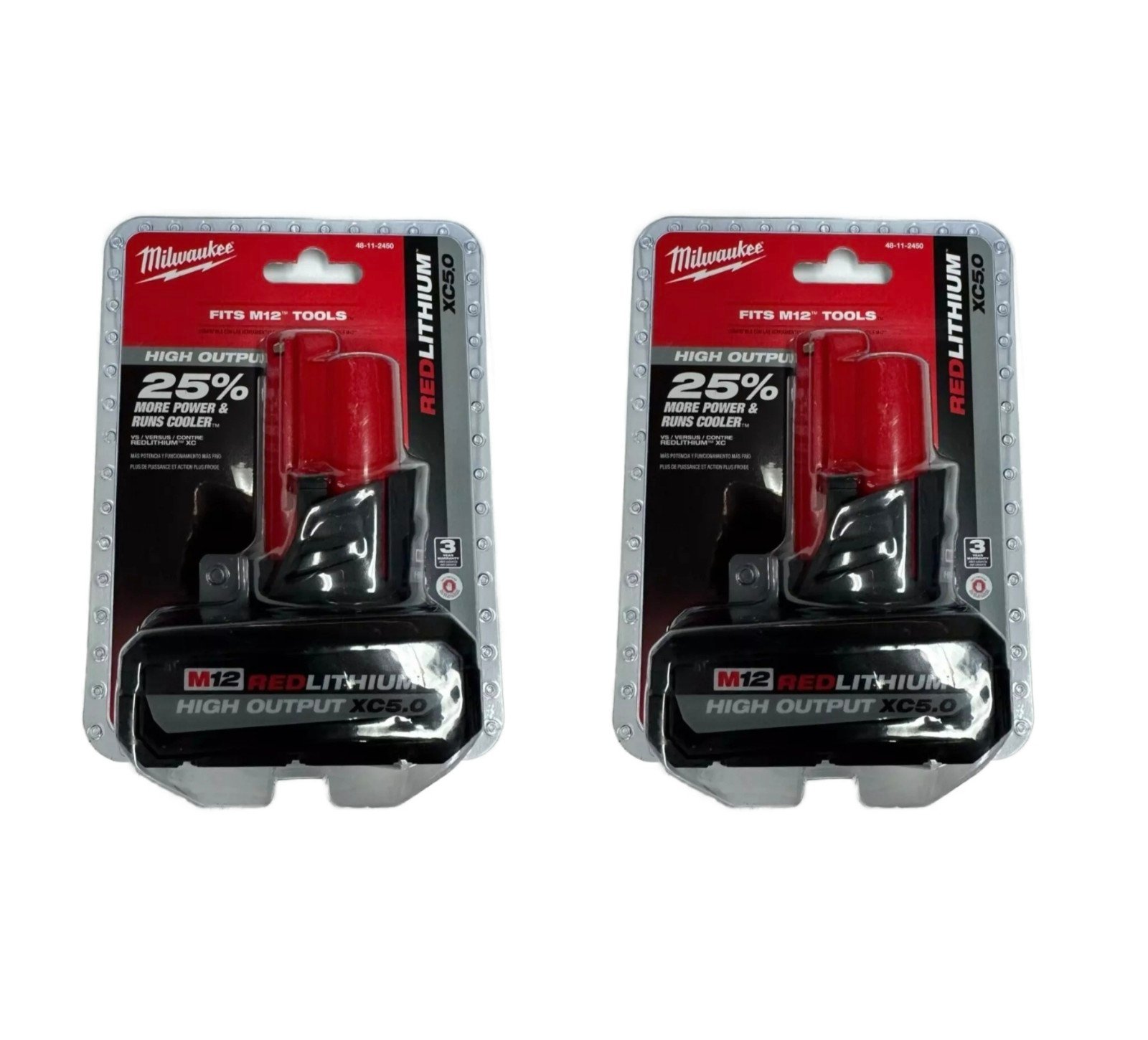 Milwaukee 48-11-2450 M12 RedLithium HIGH OUTPUT 5.0Ah XC5.0 Battery 2-Pack NEW