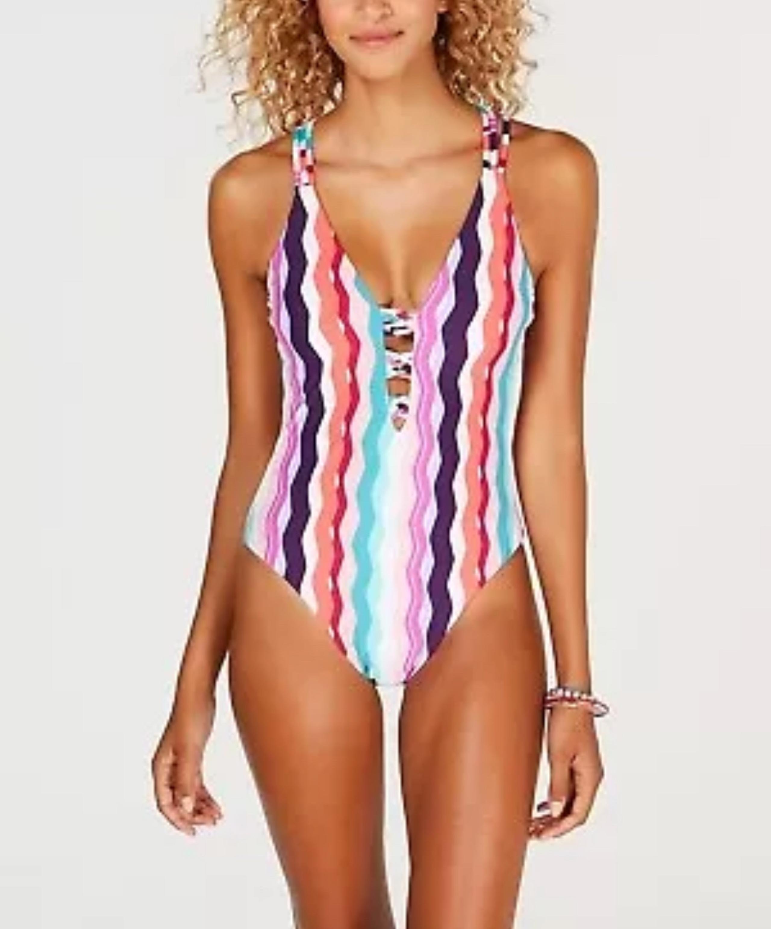 Bar III Waves Printed Strappy Small One Piece Swimsuit