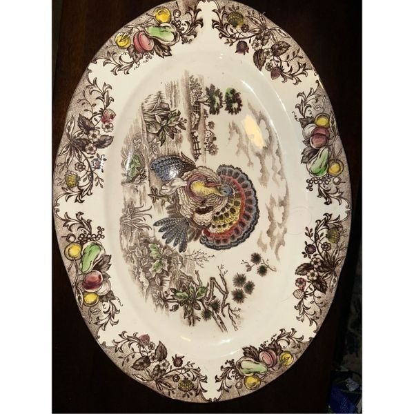 Vintage Ceramic Thanksgiving Scene Turkey Platter Transferware Japan 18 X 13.5