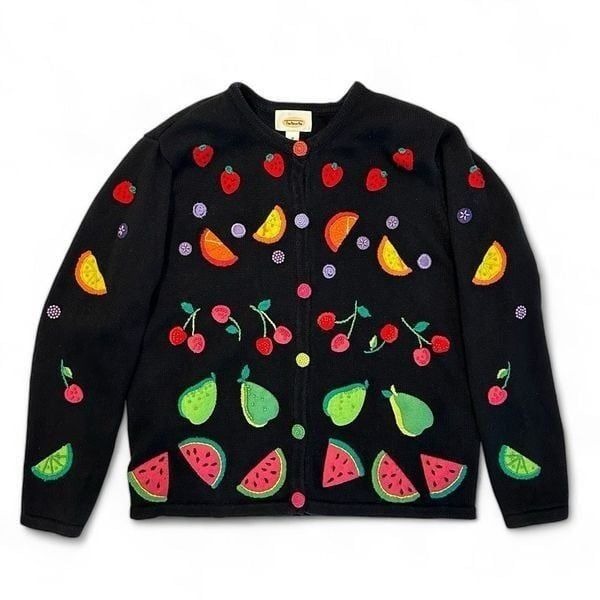 Vintage Talbots Fruit Cardigan Sz M Cottage Boho Cute Whimsy Grandma Maximalist
