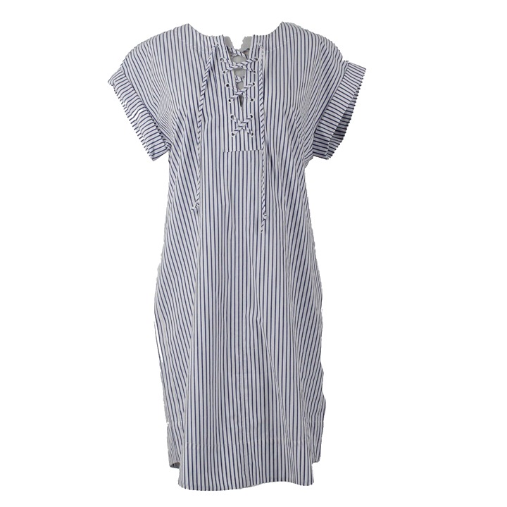 J Crew NEW 98 Sz S White Blue Stripe Lace Up Neck Drop Shoulder Cotton Dress