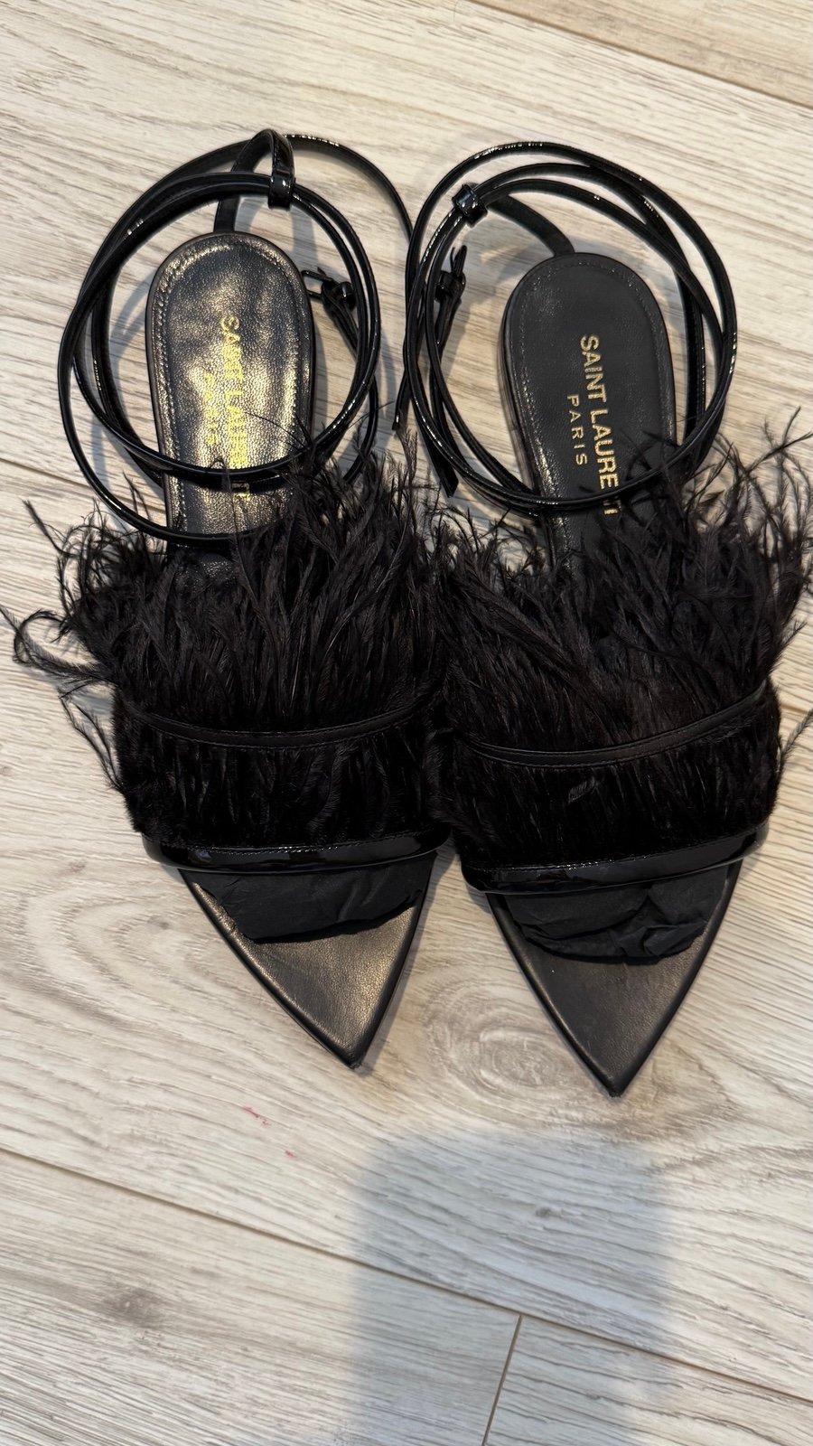 Saint Laurent black sandals with feathers