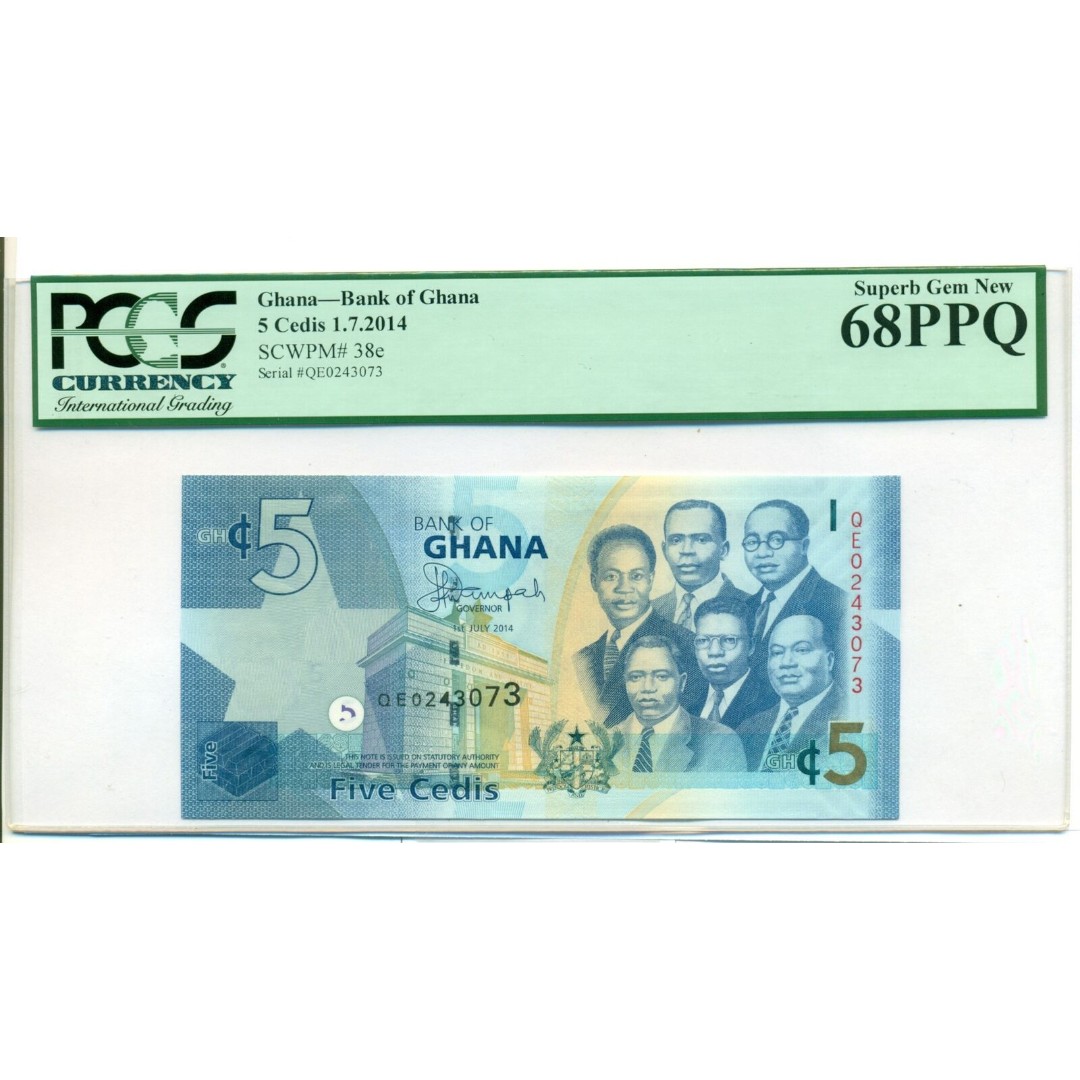 Ghana 2014 5 Cedis Bank Note Superb Gem New 68 PPQ PCGS Currency