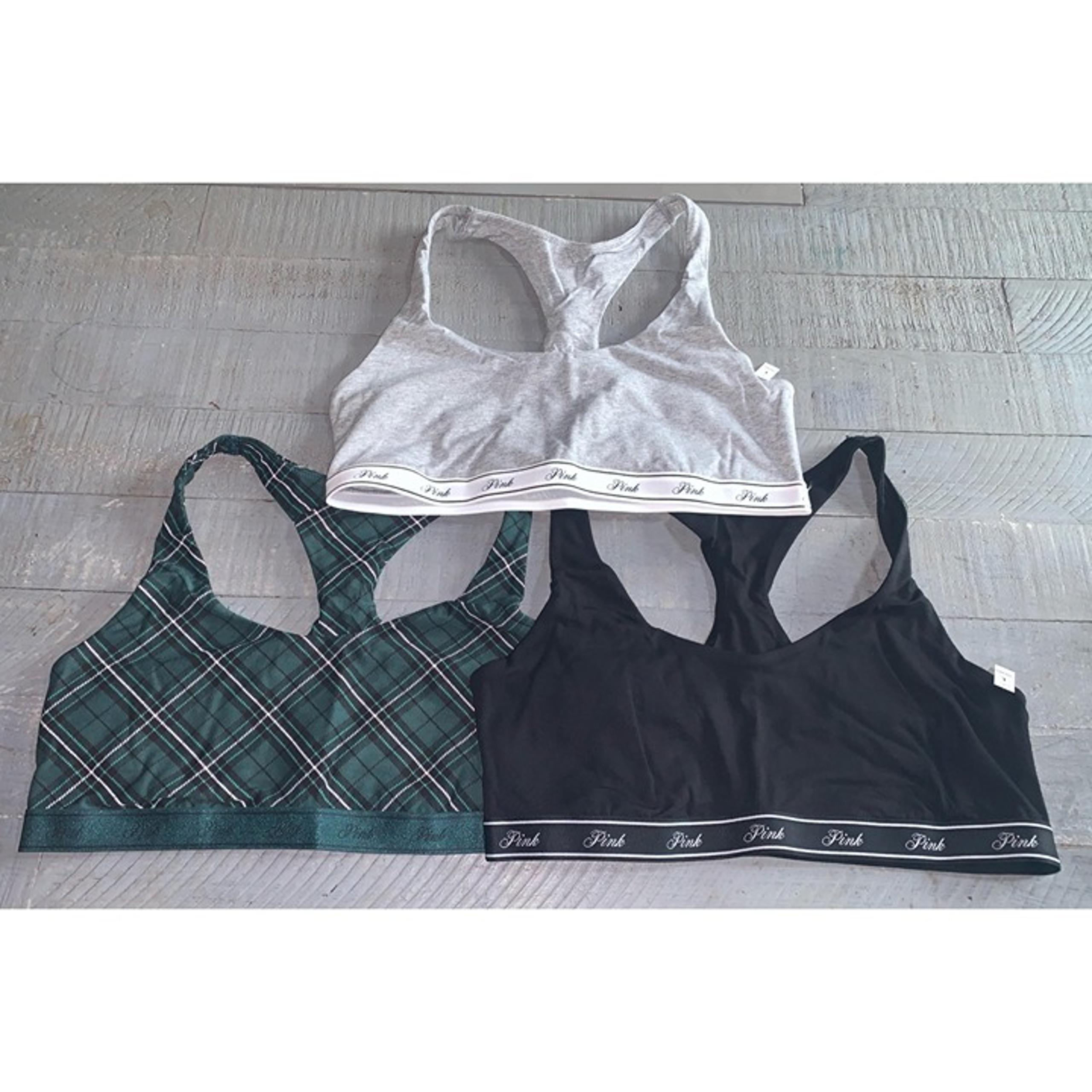 PINK Victoria’s Secret Sports Bra Womens Large New NWT Lot Of 3 Plaid Gray - Victoria's Secret