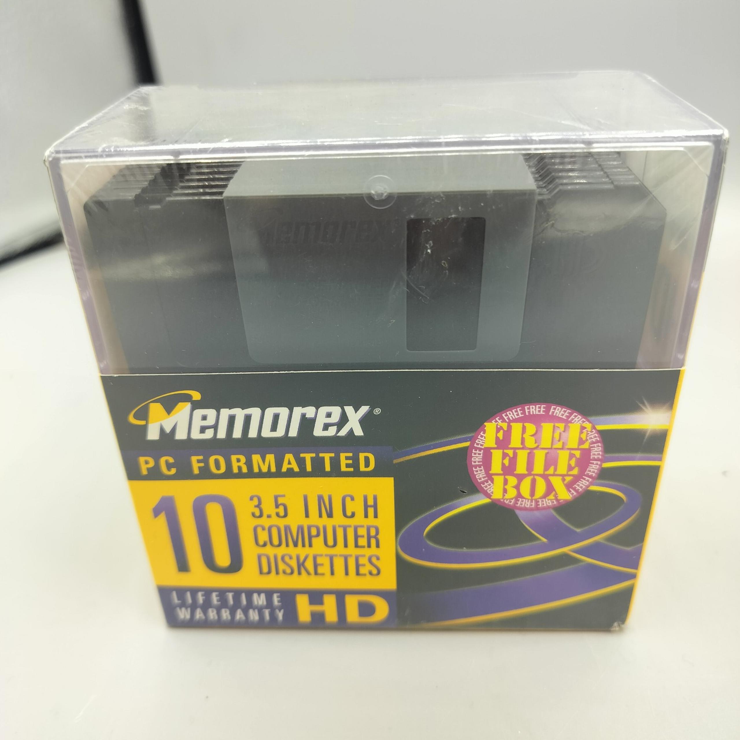 Memorex PC Formatted 3.5" Inch 10 Computer Diskettes HD w/File Box. Sealed