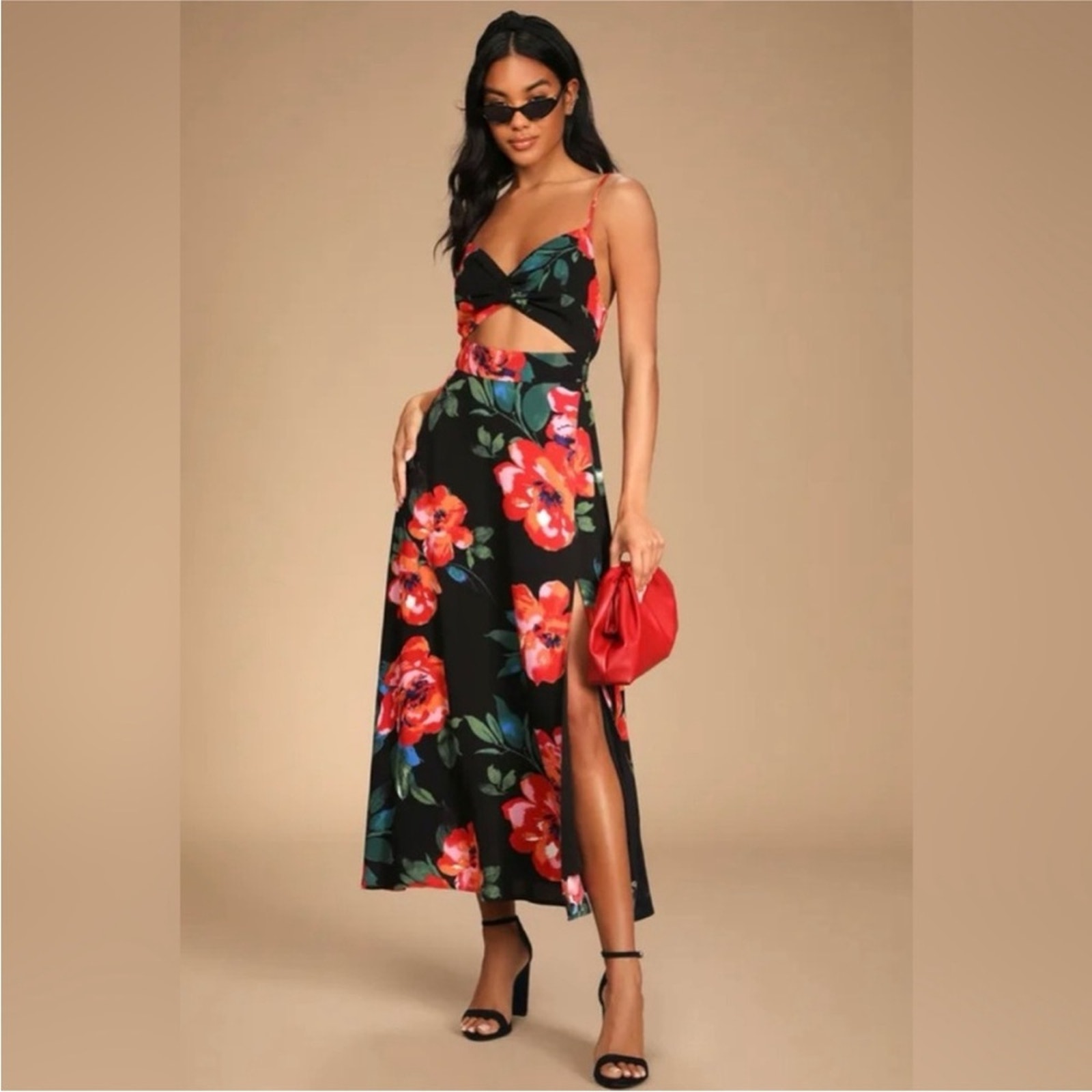 Lulu’s Tropical Blooms Black Floral Tie Back Cutout Maxi Dress L