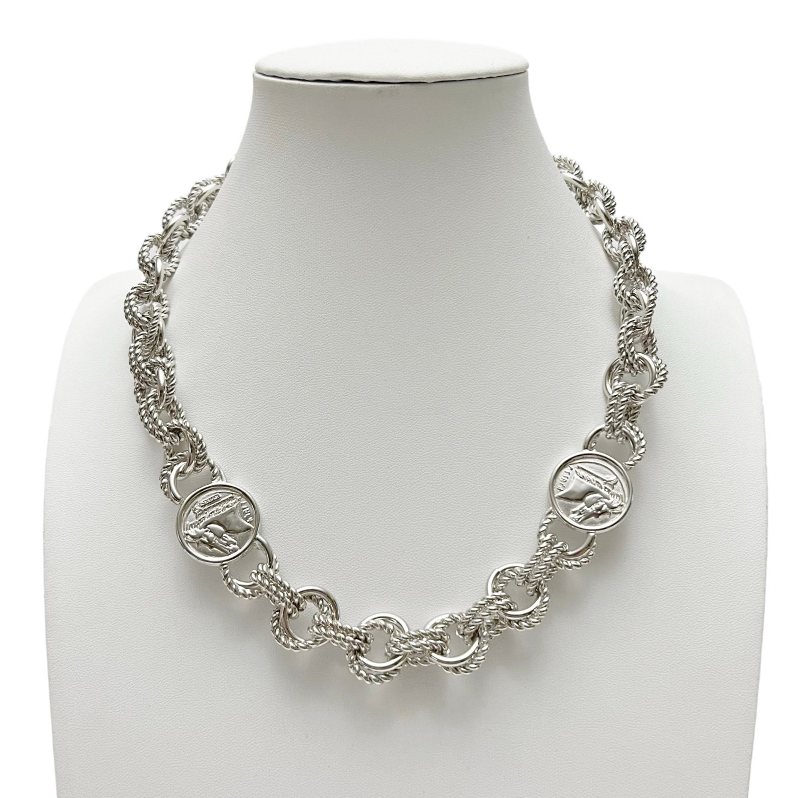 Vintage Monet Reversible Roman Coin Rope Chain Link Necklace Silvertone