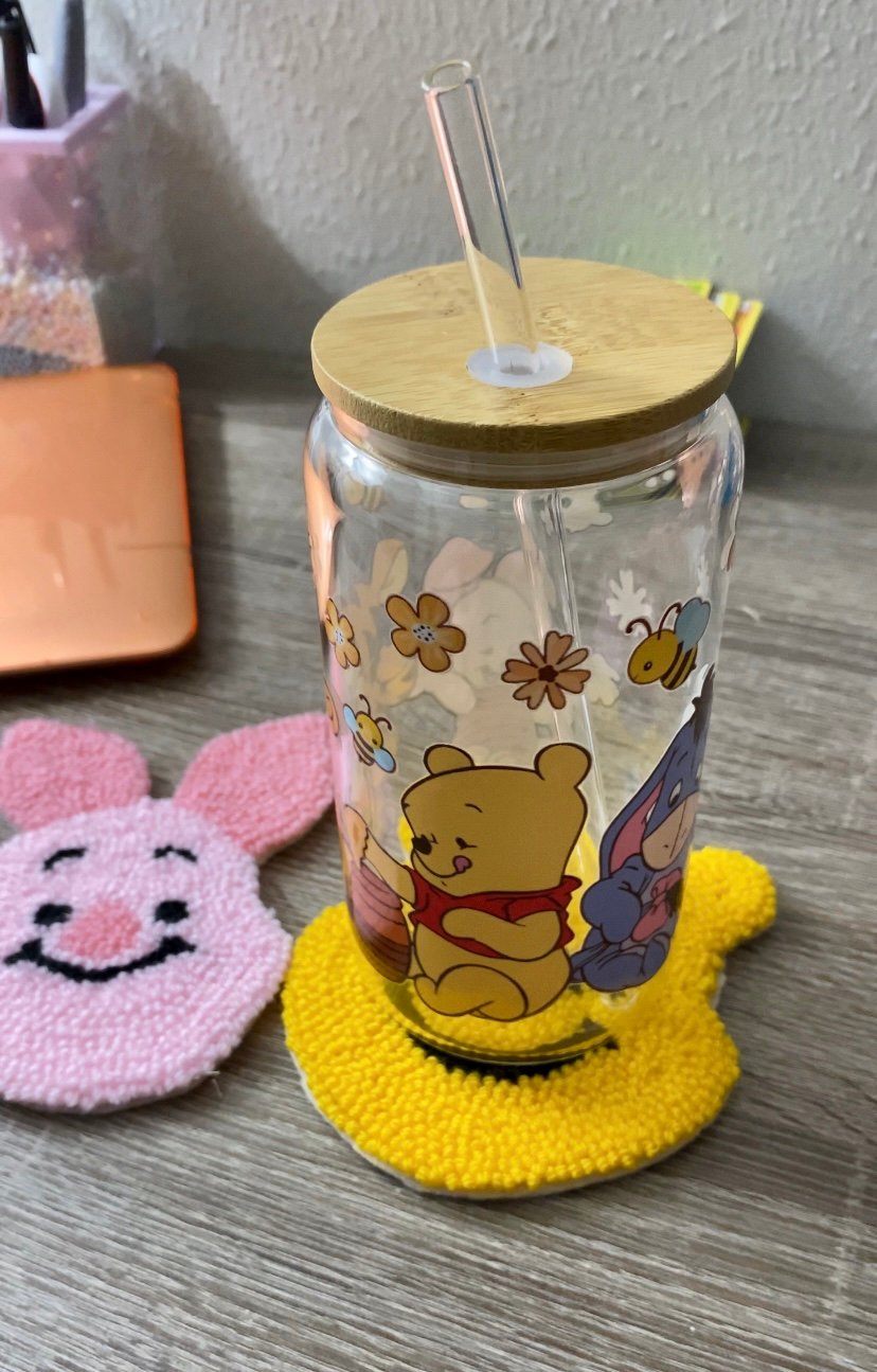 BUNDLE Winnie the Pooh Handmade coaster and Libbey Glass cup - Punch needle