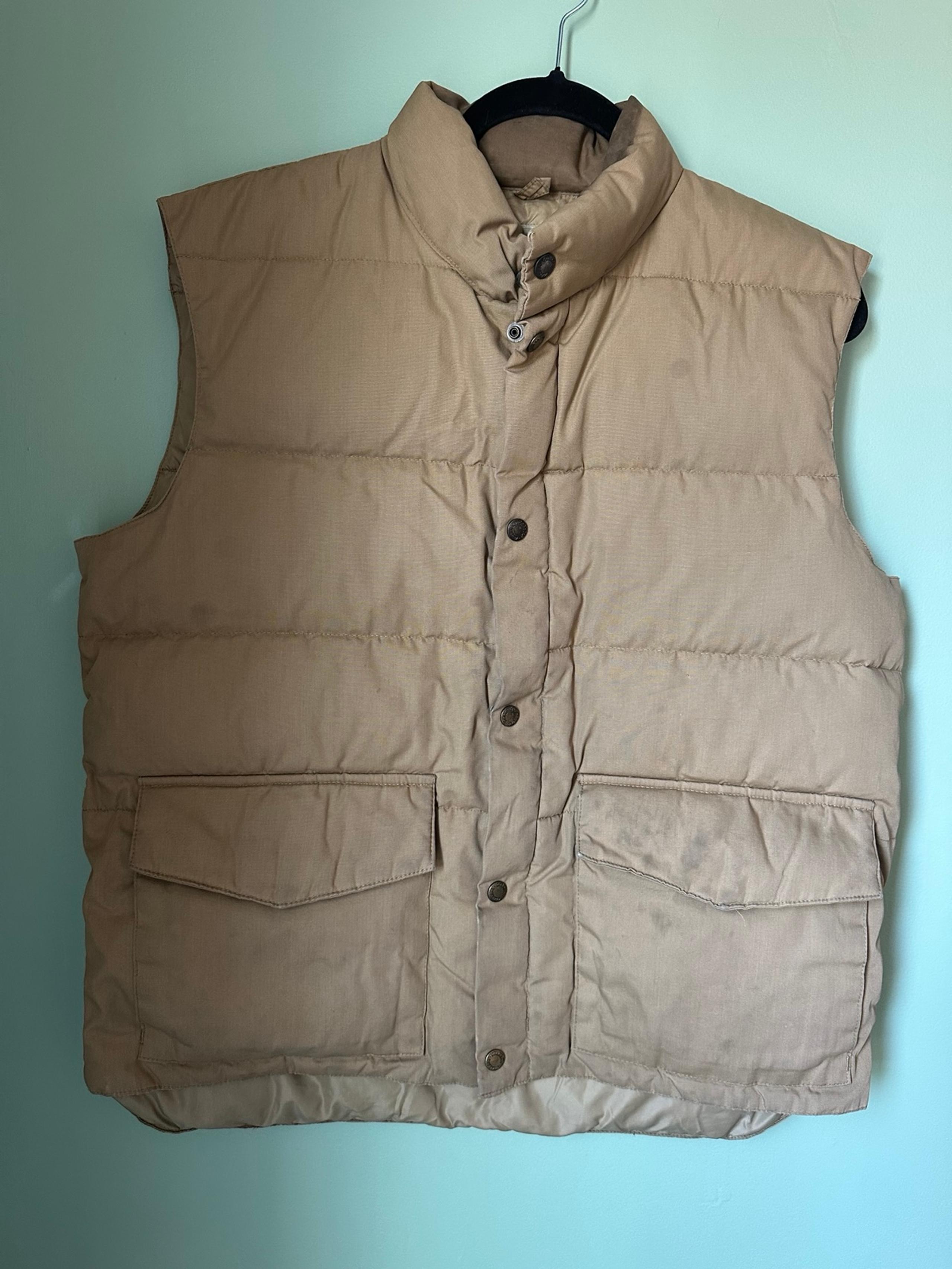 Vintage Cabelas Down Puffer Vest Mens Large Tan Brown Zip Snap USA Made Hunting