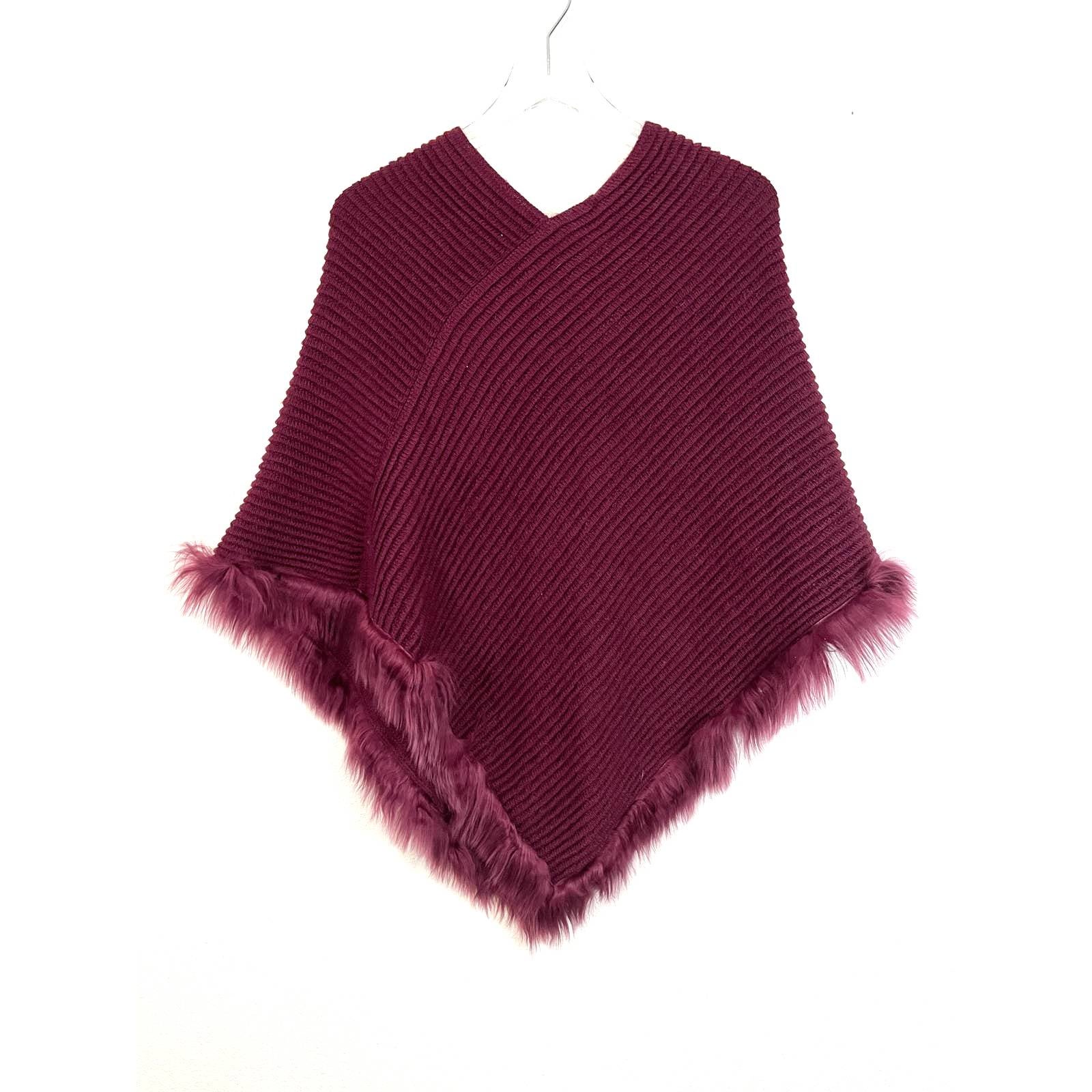 Alicia Adams Red V-Neck Alpaca and Fur Poncho Women's OS