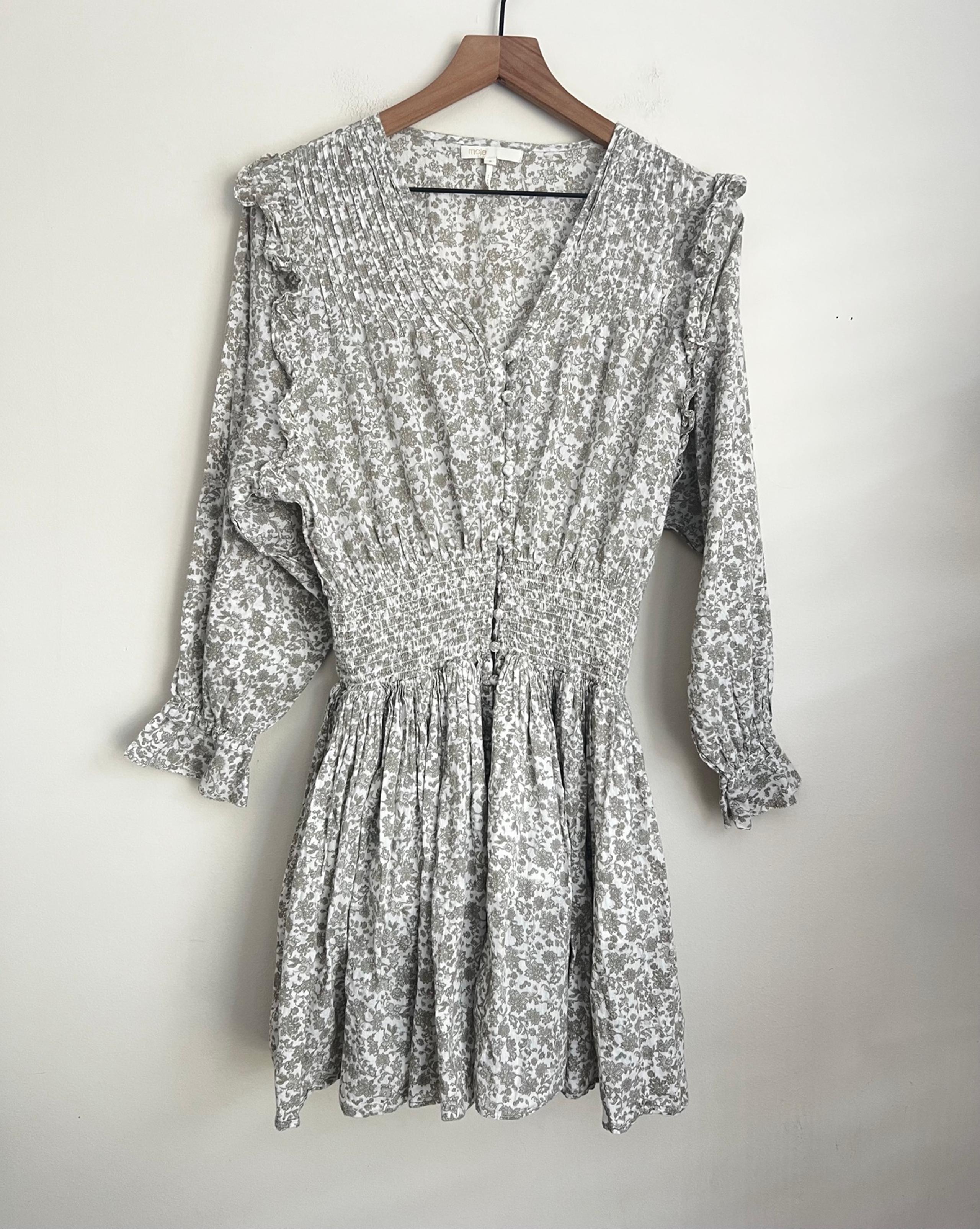 Maje floral print smocked button front long sleeve Ruffle Cotton dress M