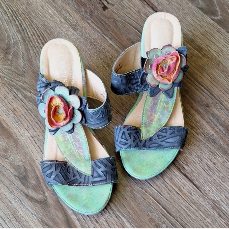 Lartiste Shayla Leather Floral Heeled Sandal Size 9.5