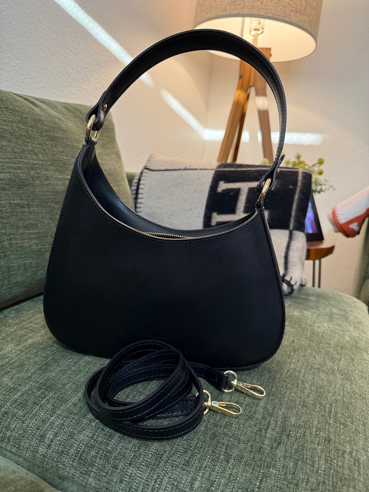 Delilah Black Italian Leather Moon Crescent Handbag Crossbody made in Italy