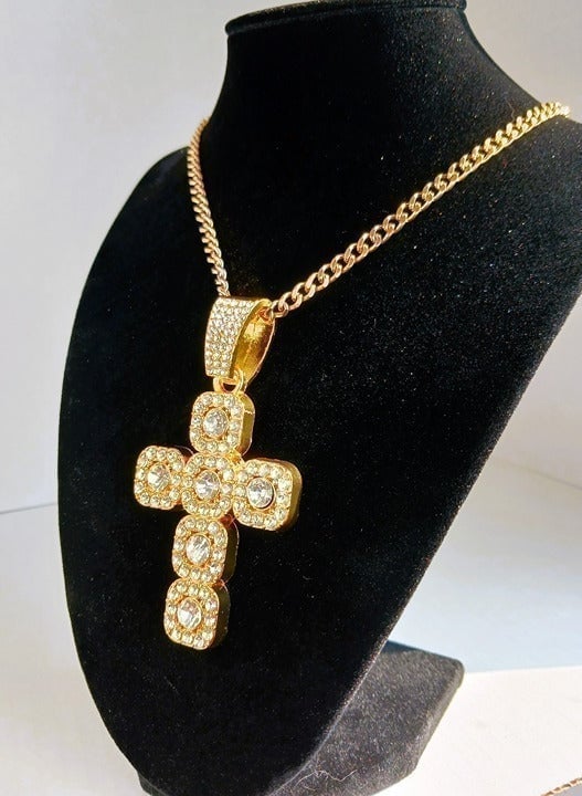 2ct Diamond Cross Pendant Cuban Chain Necklace Womens 18K Gold Christian Jewelry
