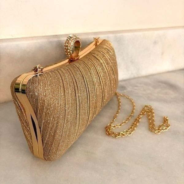 Iwish Bella Collection Glitter Clutch Rhinestone Purse Pleated Evening Bag Gold
