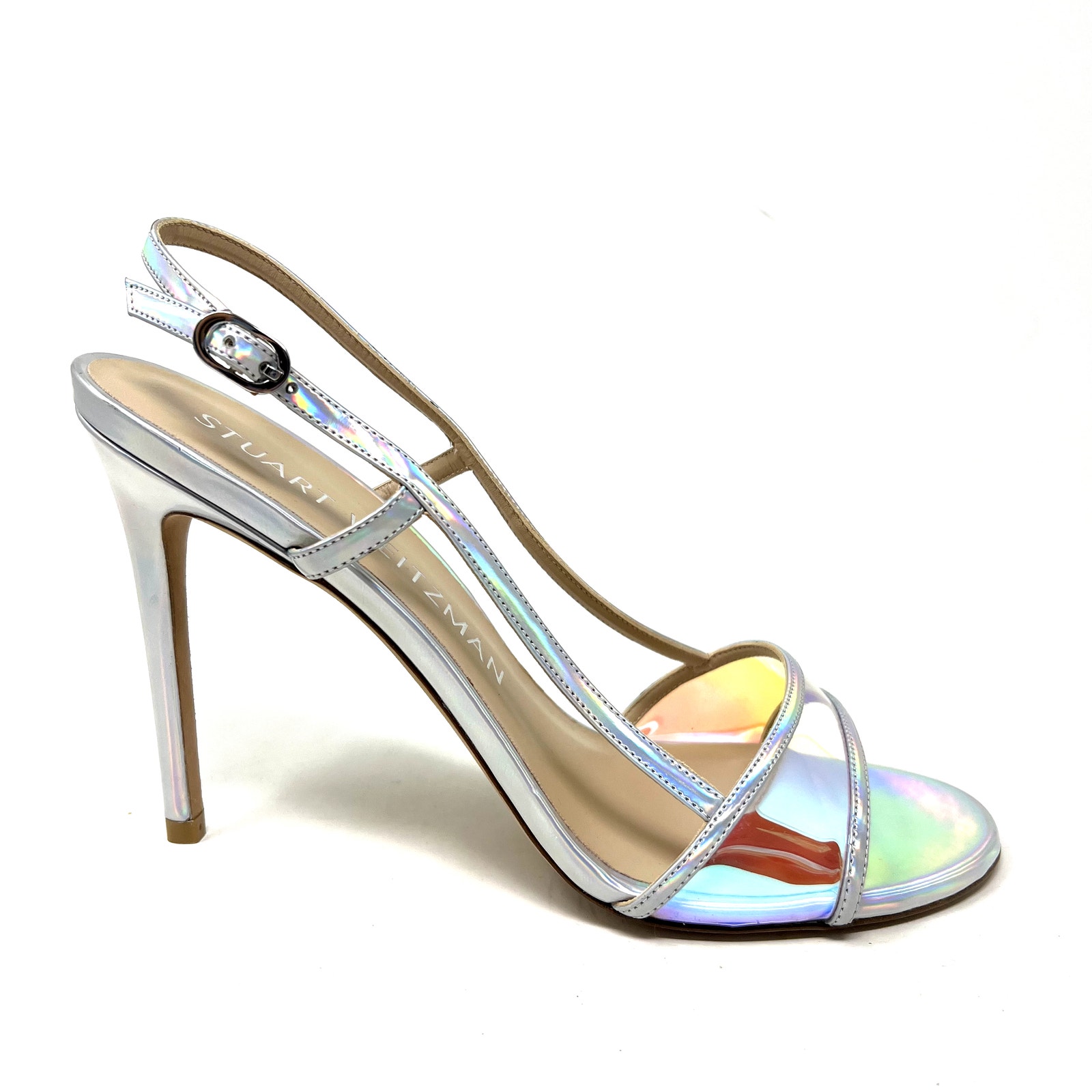 Stuart Weitzman Mondrian Iridescent Sandals size 10.5 10 1/5 silver