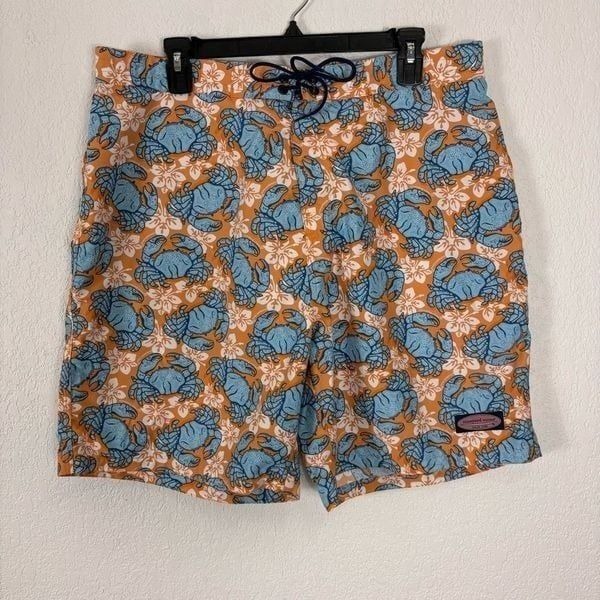 Vineyard Vines Orange with Blue Crab Print Swim Trunk Shorts Men's Large