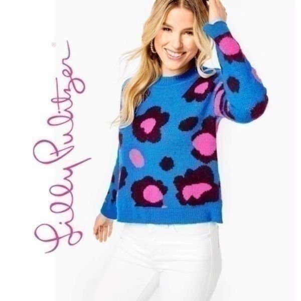 NWT LILLY PULITZER Ferrara Sweater Cozy Fluffy Blue Pink SIZE L MSRP 138