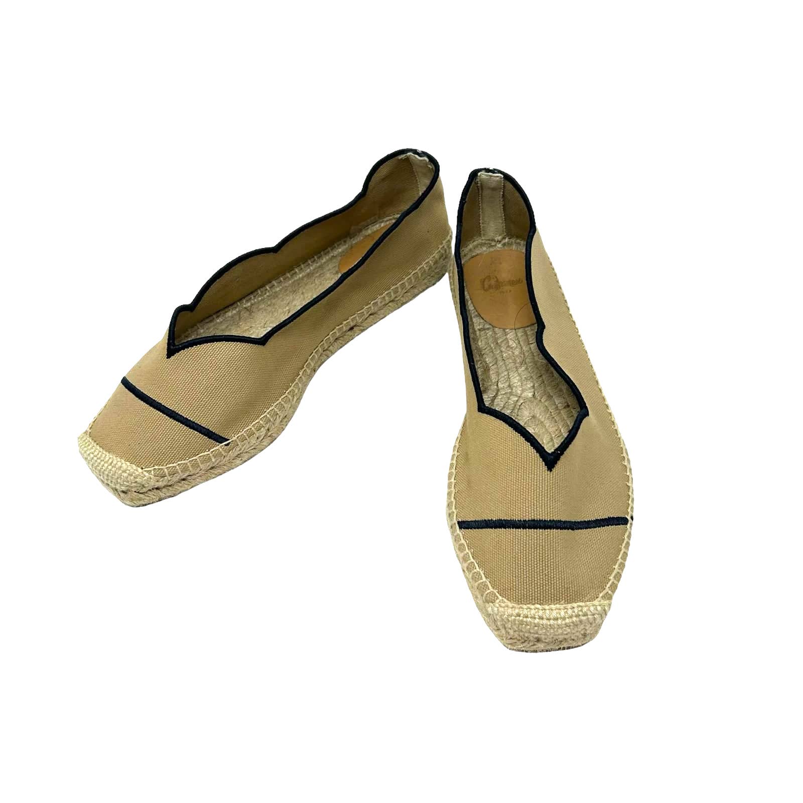 Castañer Petra Scallop-Edge Espadrilles Flats Tan Navy Blue Size 39 / US 8