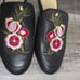 Marc Fisher Wrangler black leather floral embroidered flats mules womens 6