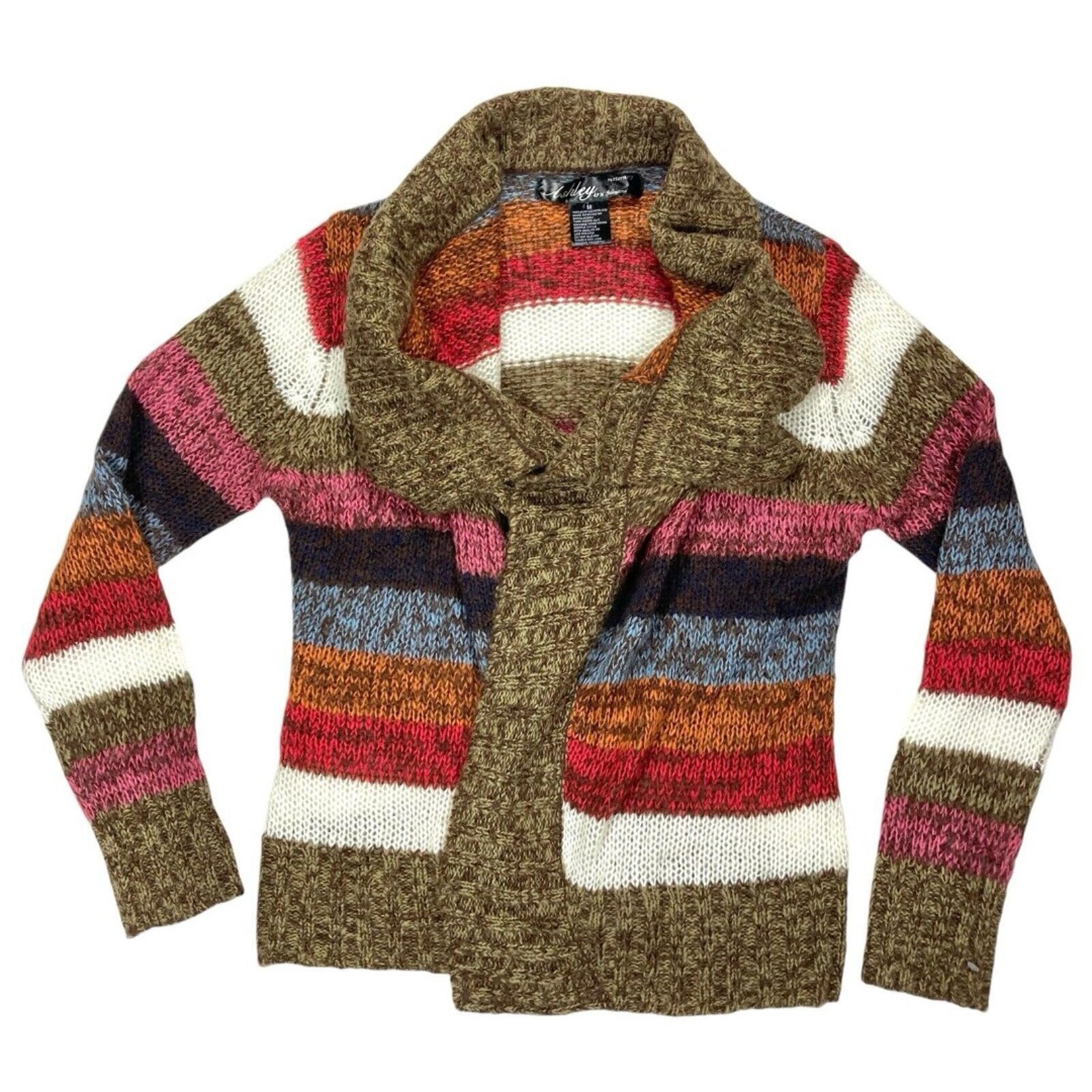 Ashley By 26 International Sweater Womens M Striped Open Front Collared Cardigan