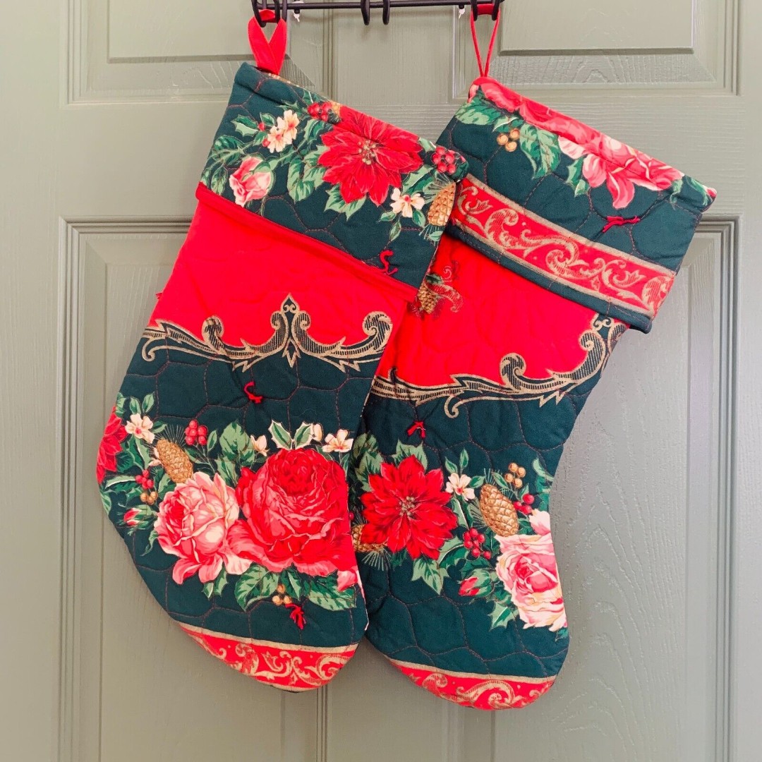 Set of 2 Handmade Christmas Stockings Repurposed Quilted Red Green Cream 17 Inch