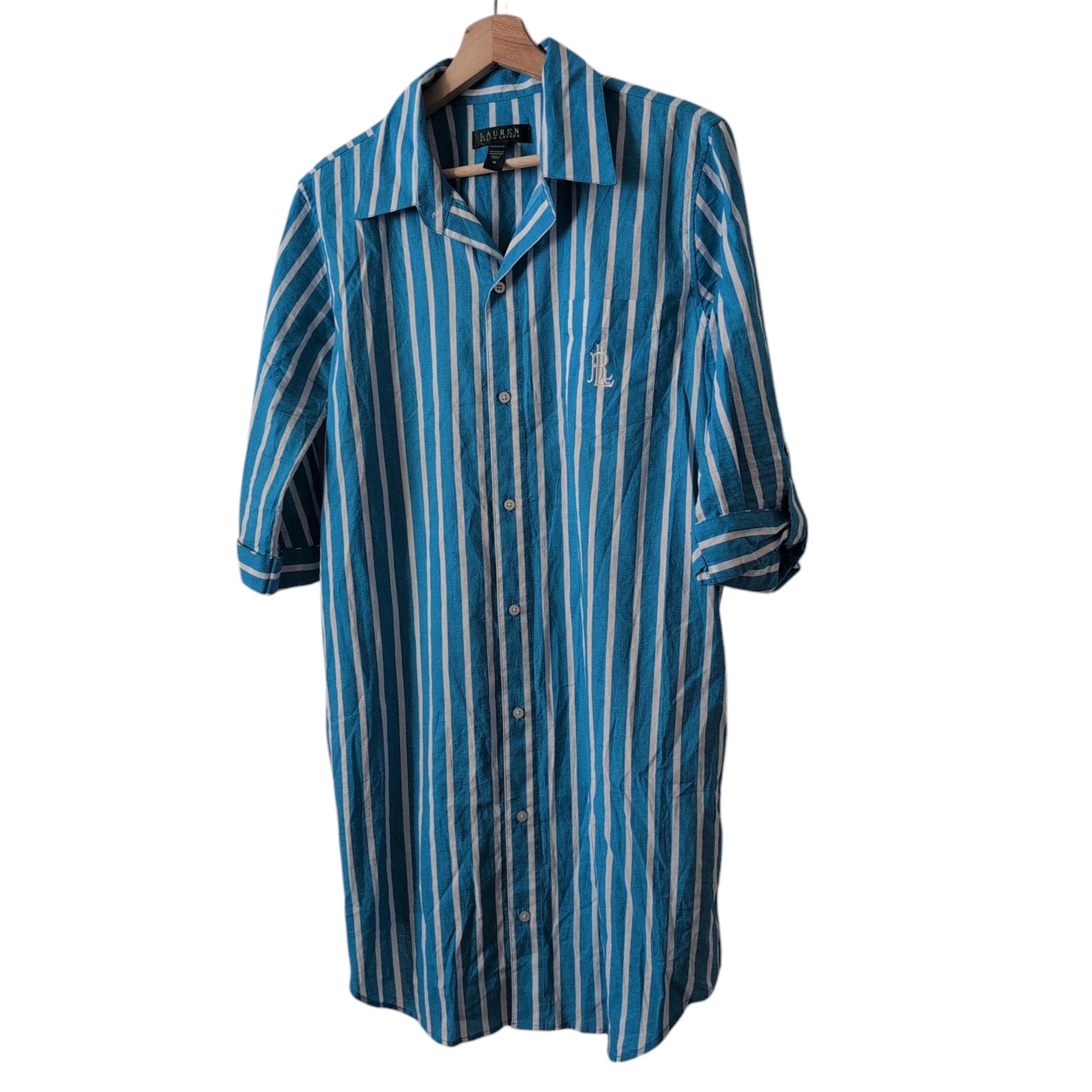 Ralph Lauren Womens Medium Blue White Stripe Button Up Sleep Shirt Dress Pajama