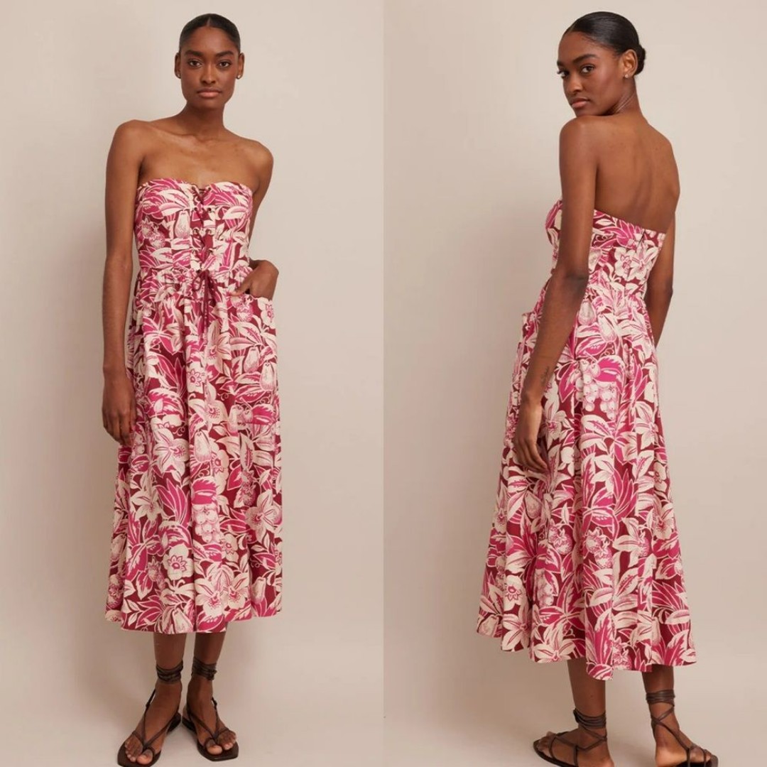 NWT Cara Cara Nicola Strapless Midi Dress Tropical Harvest Pink SIZE 2 MSRP 695