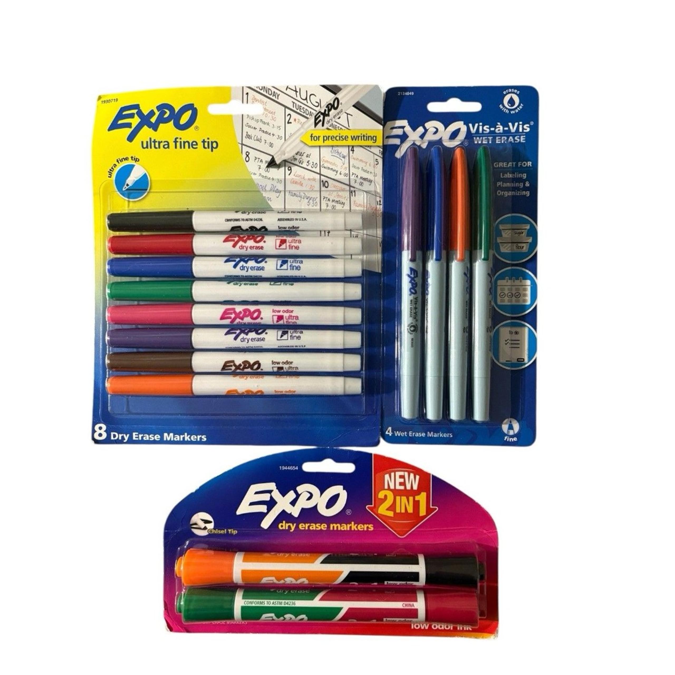 Lot of EXPO Markers Ultra Fine Tip 8 Pack 2 in 1 Chisel Tip Vis-a-Vis Wet Erase