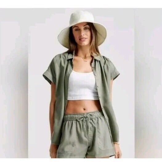 Quince Vintage Wash Tencel Camp Short Sleeve Shirt Women's Size Large Green