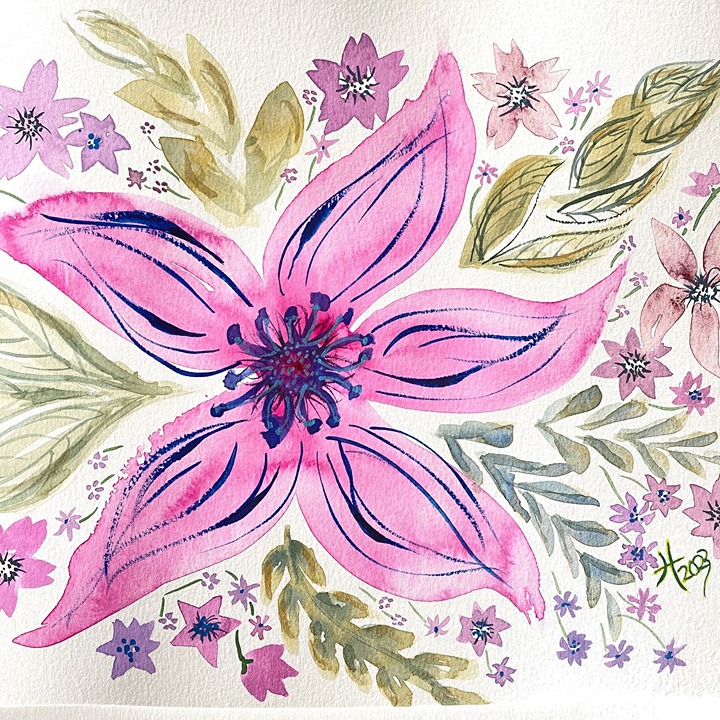 Happily Pink - Original Wall Art Handmade Watercolor Flower Artist Signed Painti