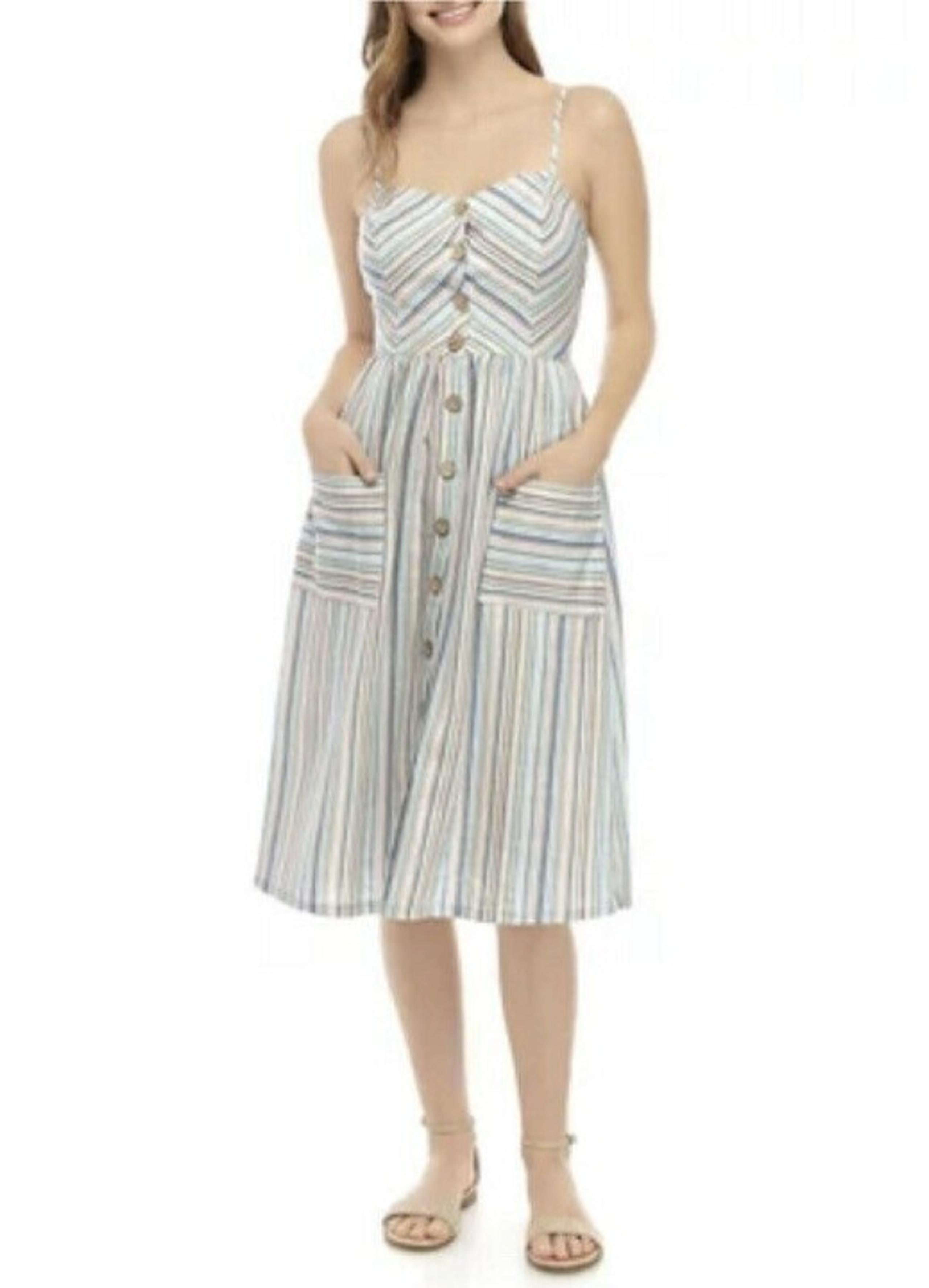 Juniors NWT Bebop Linen Button Midi Dress Sage/Navy Stripe Sz L