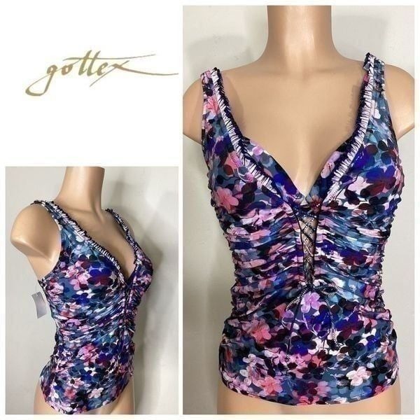 New. Profile by Gottex pink and blue floral lace front tankini top. 34D. S/M. Re
