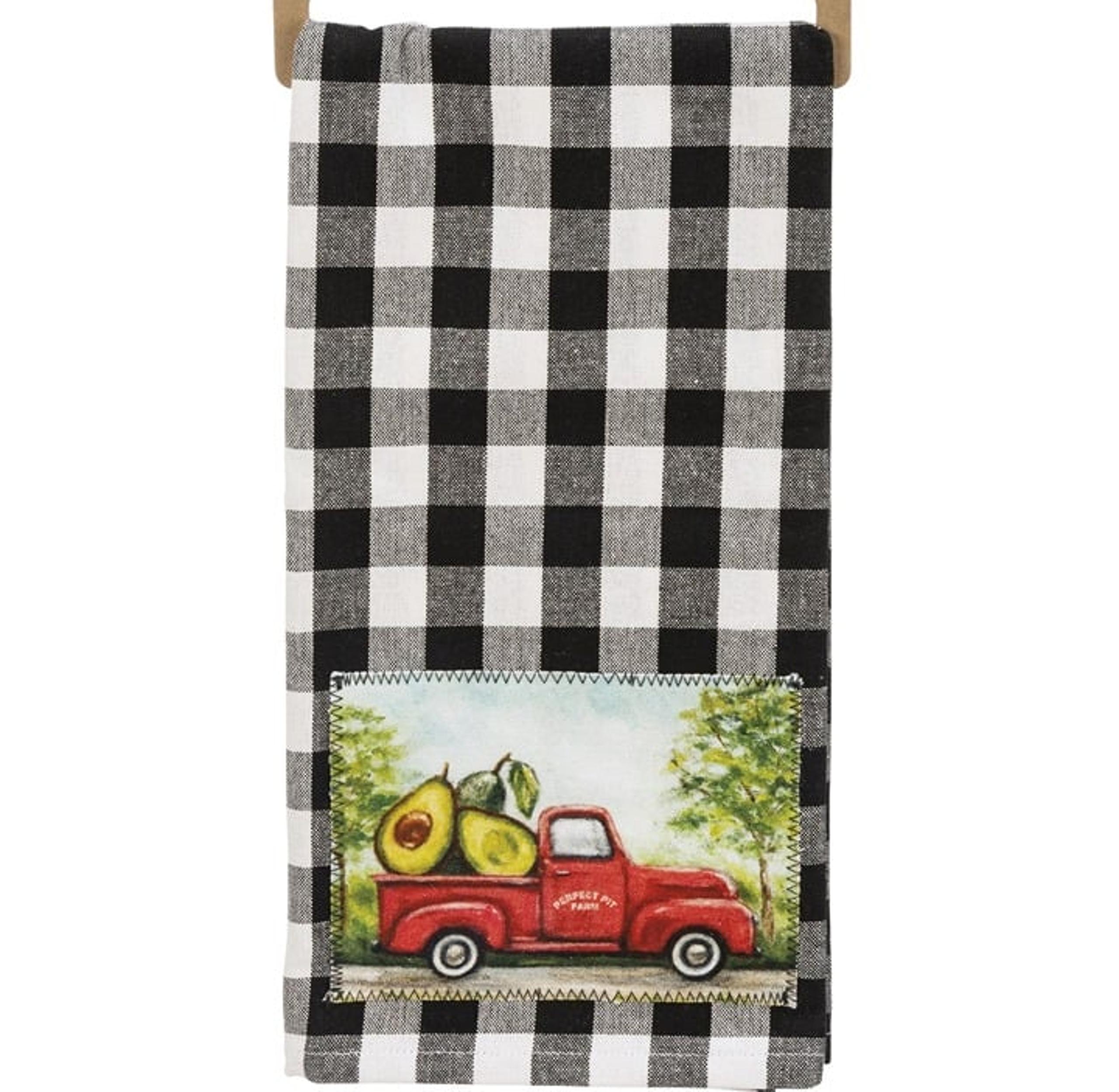 Kitchen towel - Avocado truck - Black and white buffalo check.