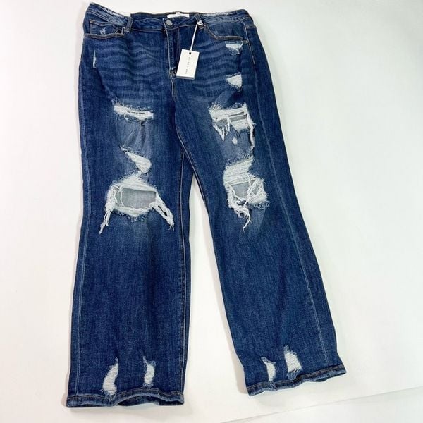 Risen Boyfriend Jeans Women's 2XL Blue High Rise Distressed Wide Leg Denim New