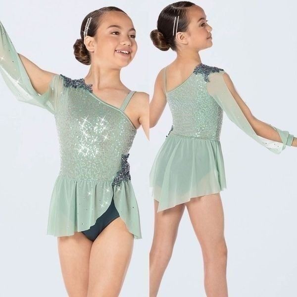 Weissman dance costume one sleeve mesh sage green rhinestone Delicate 14151 SC 6